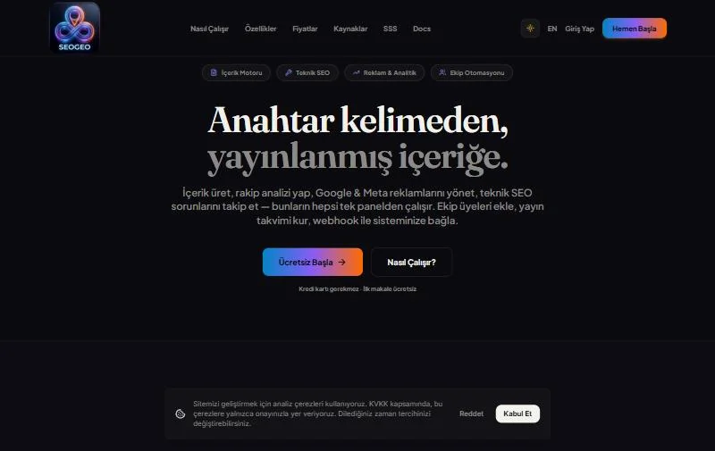 SeoGeo platform ana sayfası ekran görüntüsü
